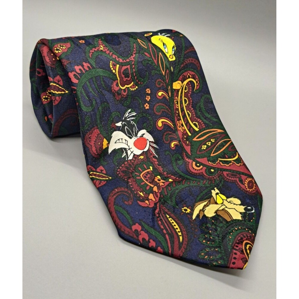 Vintage Looney Tunes 1997 Polyester Tie Navy Paisley Sylvester Tweety Coyote